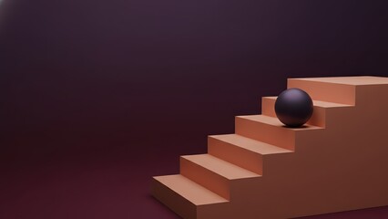 A generic black sphere resting on minimalistic terracotta steps with a soft shadow against a dark backdrop.