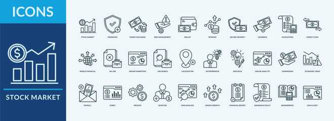 Stock Market - Icon Collection. Thin Outline Set contains such Icons as profit, revenue, cashback and more. Simple web icons set