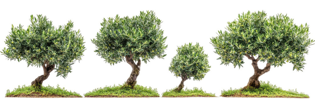 Four olive trees on grass, isolated on a black backdrop