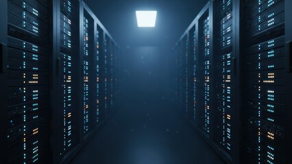 Rows generic servers in a data center rack glowing with lights to manage a complex database system