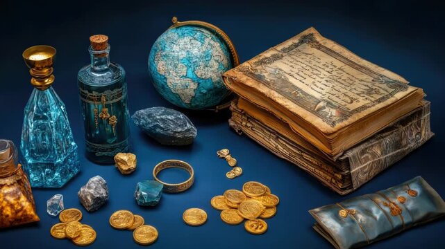 Video Old books, glass bottles, and gold coins on a shelf
