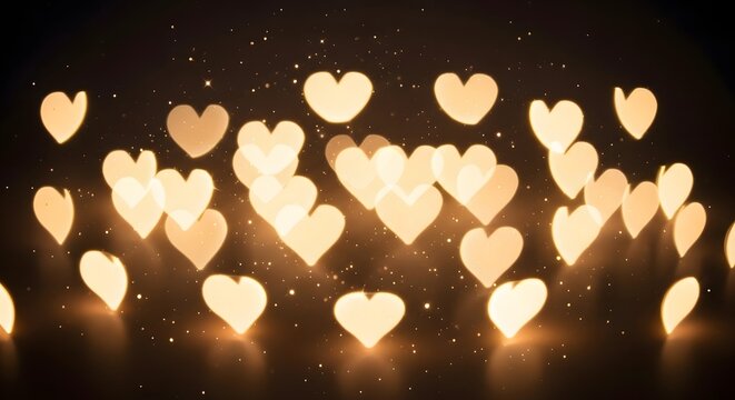 Glowing hearts floating in a dark space viewed from a straight-on perspective