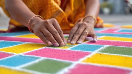 Obraz premium Woman Decorating Colorful Rangoli Design with Colored Powder in Traditional Attire during Festival Celebration Outdoors