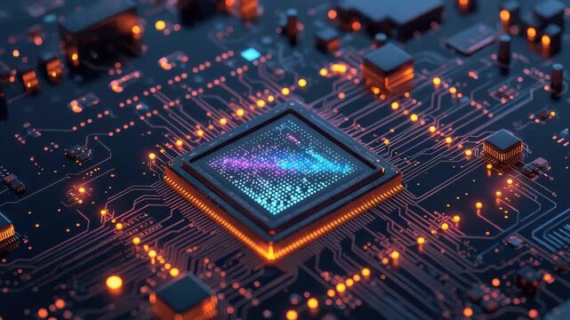 Glowing microchip neural network on circuit board with processor, glowing led, electronic component