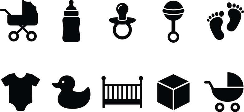 Collection of ten black vector silhouette icons for baby care featuring strollers, bottle, pacifier, rattle, footprints, clothes, duck, crib