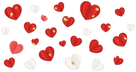 Decorative paper hearts in red white and pink with golden details for festive celebrations PNG