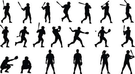Fototapeta premium Baseball player silhouette collection showing batting, pitching, fielding and catching poses, vector sports athlete illustrations isolated on white background for design projects and branding
