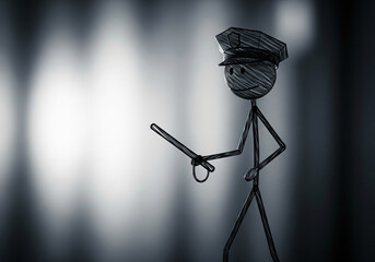 Police Stickman Character with Baton in Minimal Dark Concept Lighting