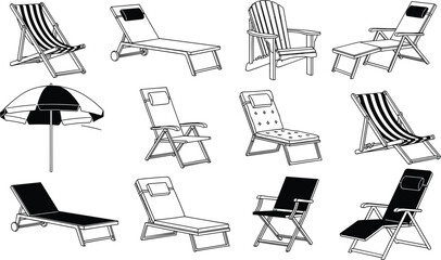 Beach chair and sun lounger collection with umbrella, black and white vector outdoor furniture illustrations isolated for summer vacation, poolside, patio design © Sofikul