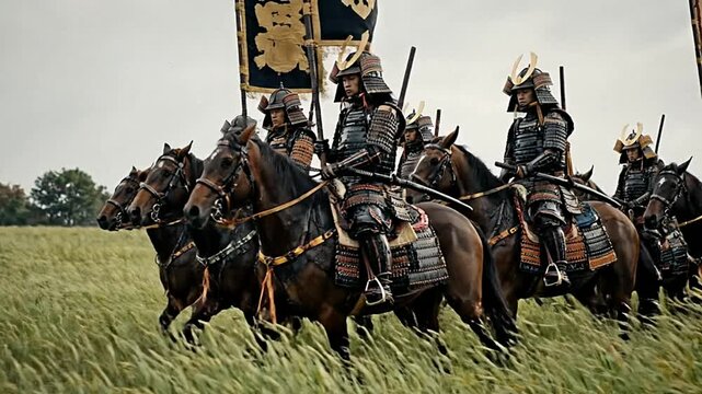 Japanese Samurai cavalry on horseback riding through tall grass field in traditional armor