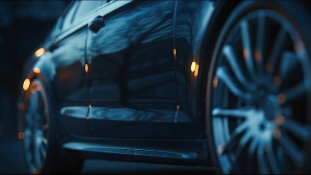 wheel closeup city evening reflections, alloy rim and tire tread in shallow depth of field, warm bokeh highlights on glossy paint, wet pavement glow,
