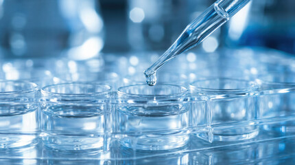 Pipette dispensing solution into laboratory cell wells during a scientific experiment in a research setting