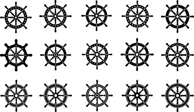 Collection of nautical ship wheel icons in black silhouette style, maritime helm symbols set, vector illustration isolated on white background for marine design use