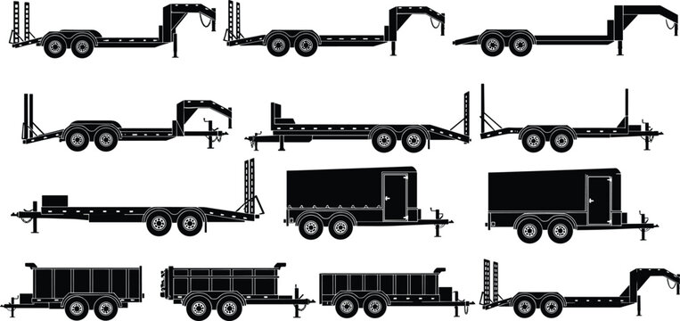 Collection of trailer silhouettes showing utility, flatbed, and cargo designs for transport, construction, hauling, and industrial logistics vector illustration isolated on white background