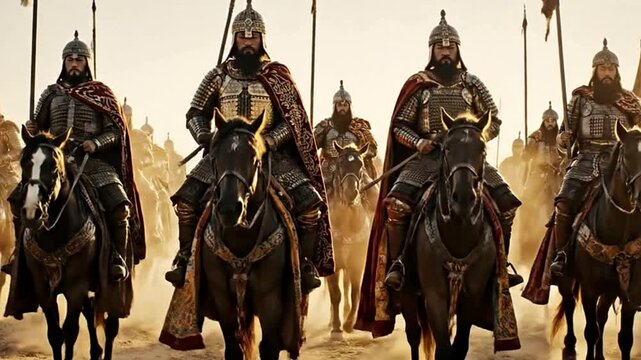 Cinematic Cavalry of ancient armored warriors riding through a dusty desert landscape