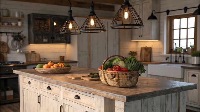 Rustic Farmhouse Kitchen Island with Butcher Block Countertop and Produce Basket