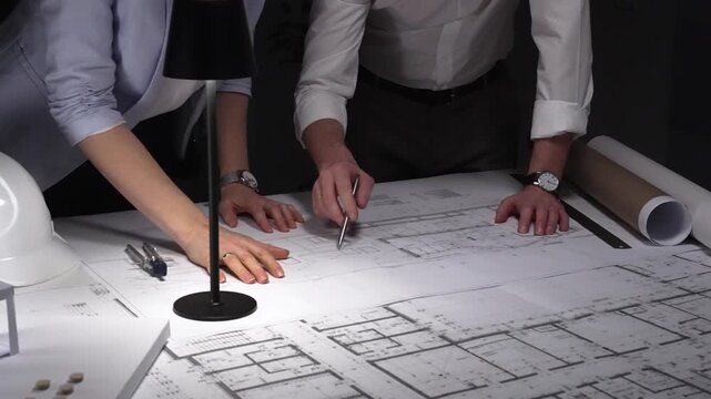 Architects and engineers collaborating on blueprint plans, working together on an architecture project layout design late at night.