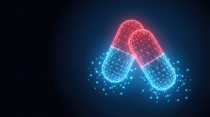 Two glowing capsules composed generic digital mesh illustrate advanced digital medicine research concepts in a futuristic style