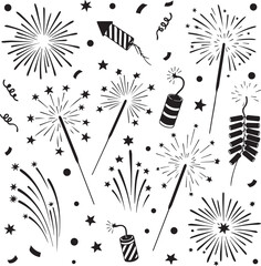 Fireworks silhouette graphic with explosive designs and stars © sketch lab