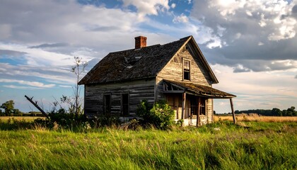 Obraz premium Dilapidated Farmhouse in Rural Landscape Under Cloudy Sky.