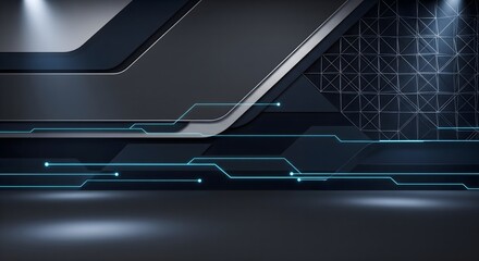 Modern abstract background featuring a dark gray and blue tech design with illuminated lines and a grid pattern on a smooth surface