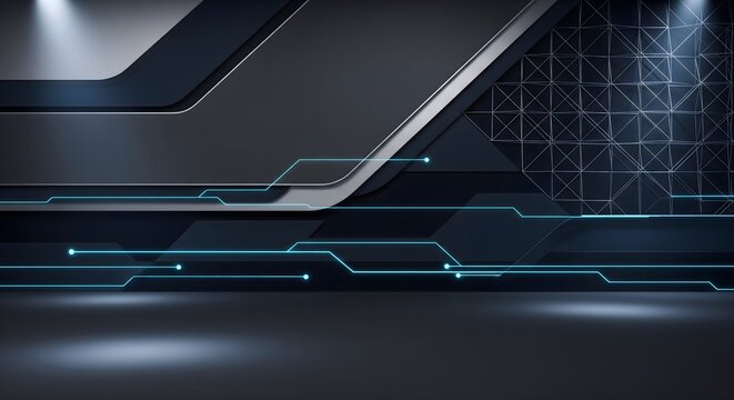 Modern abstract background featuring a dark gray and blue tech design with illuminated lines and a grid pattern on a smooth surface - Powered by Adobe