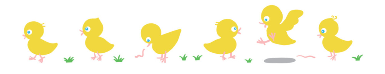 一列に歩く黄色いひよこのラインイラスト フッターや区切りに使える子供向けデザイン © KuboTomoko