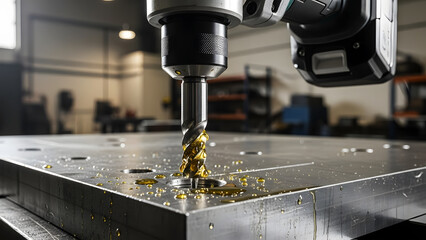 Industrial Drilling Machine with Metal Plate and Lubricant photo machinery