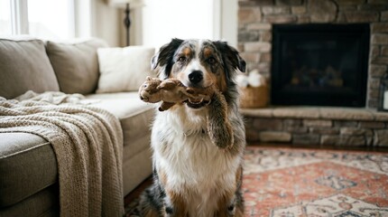 Playful Australian Shepherd with Toy in Cozy Living Room