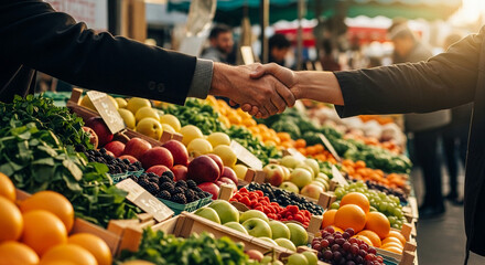 Farmers handshaking over fresh produce at a market stall, a symbol of partnership and success in local agriculture