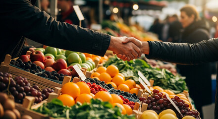 Two individuals shaking hands above a lively market stall overflowing with an assortment of fresh, vibrant fruits, representing a successful transaction and healthy produce trade