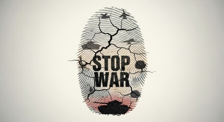 Somber conceptual illustration of a cracked fingerprint with military silhouettes urging 'stop war' on a neutral background.