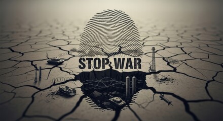 A dramatic sepia illustration of the 'stop war' message emerging from cracked earth beneath a fingerprint.