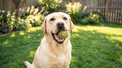 Happy Yellow Labrador Retriever with Tennis Ball in Backyard