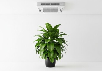Lush Green Plant in Black Pot Under Modern Air Conditioner on White Wall.