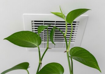 Lush Green Pothos Plant Against a White Wall with a Ventilation Grille.