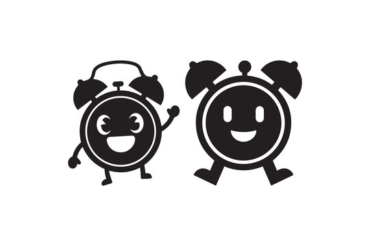 Two cute alarm clock cartoon characters waving - Happy twin alarm clock mascots vector illustration