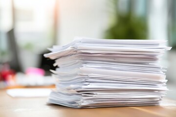Stacked Documents on Table in Bright Office Environment with Natural Light