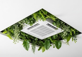Modern Air Conditioning Unit Surrounded by Lush Green Foliage on a White Ceiling.