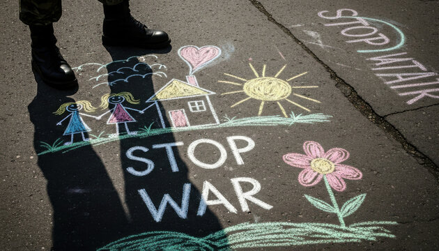 A soldier's dramatic shadow falls over a vibrant chalk drawing on the asphalt road pleading for "stop war."