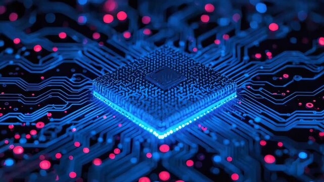 Neon microchip circuit board glowing with purple and blue lights futuristic tech ambiance
