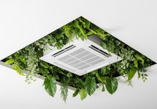 Modern Air Conditioning Unit Surrounded by Lush Green Foliage on a White Ceiling.