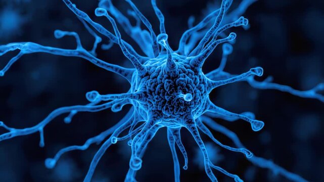 Blue microscopic virus cell and neuron with radiating tentacle pathogen spore mystery