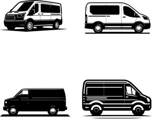 set of flat black and white van silhouette icon, clean vector style, isolated on white background.