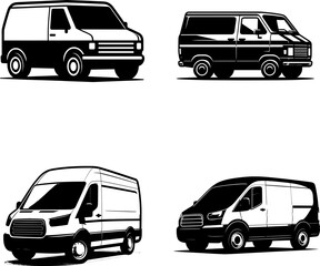 set of flat black and white van silhouette icon, clean vector style, isolated on white background.