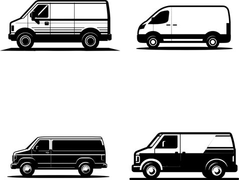 set of flat black and white van silhouette icon, clean vector style, isolated on white background.