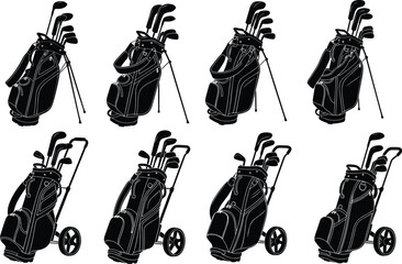 Obraz premium Golf bag silhouette collection featuring professional golf club bags with carts and stands in black vector style for sports equipment design training branding and athletic illustration projects
