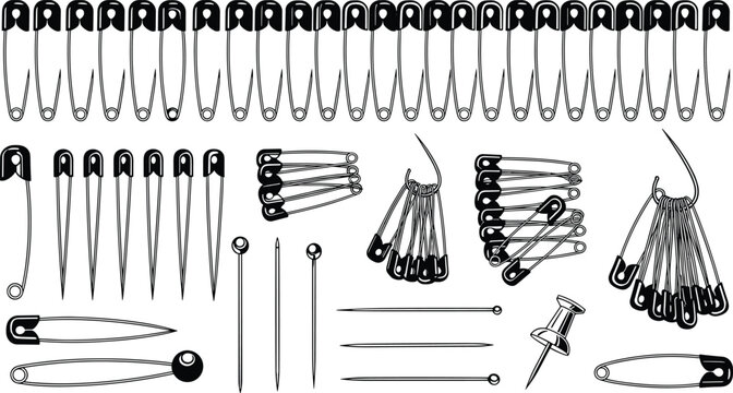 Safety pin and sewing pin collection featuring assorted fastening pins in black vector style for tailoring fashion design craft repair and clothing accessory illustration projects