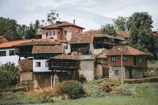 Telephoto view of rustic Asturian hamlet with traditional horreo granary, stone and brick houses, terracotta tile roofs, green meadow and trees along Camino Primitivo route