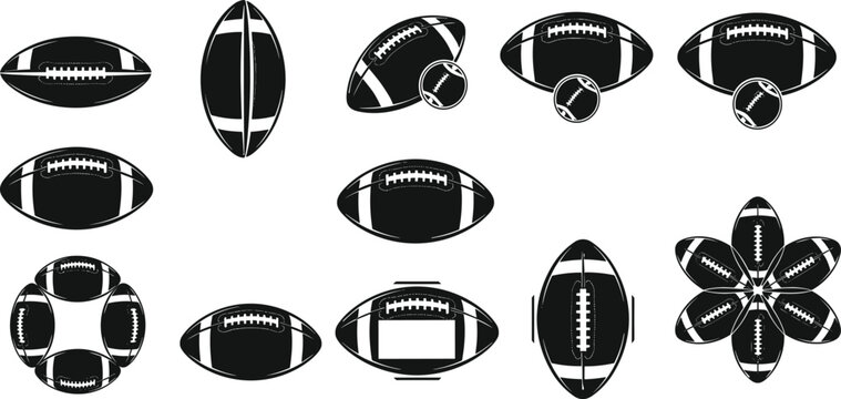 Set of American football vector icons showing different angles, rotations, and stylized designs, perfect for sports branding, logos, illustrations, and graphic design projects